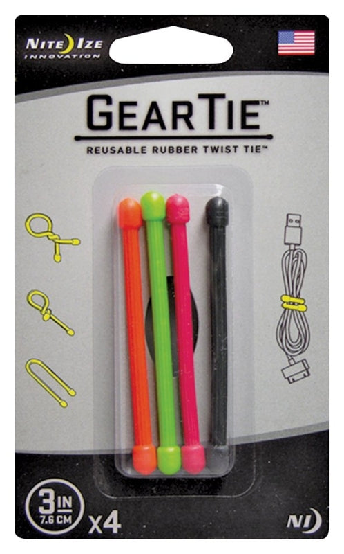 Gear Tie GT3-4PK-A1 Twist Tie, Rubber, Assorted, 3 in L