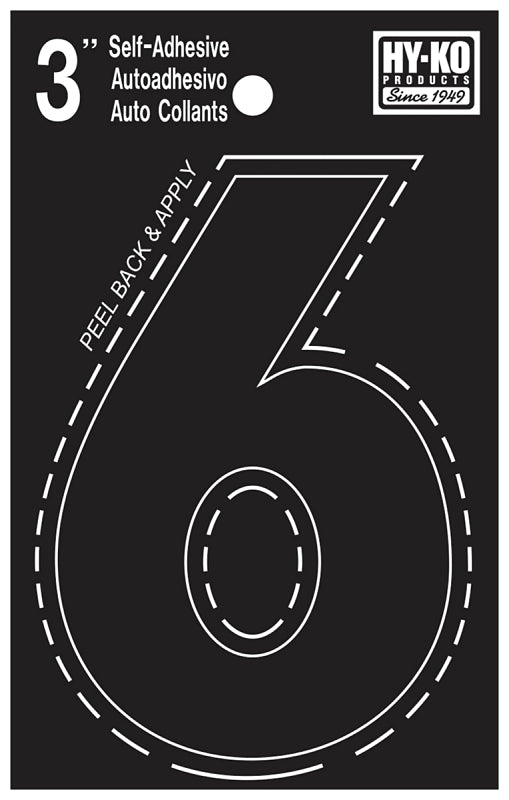 Hy-Ko 30400 Series 30406 Die-Cut Number, Character: 6, 3 in H Character, Black Character, Vinyl