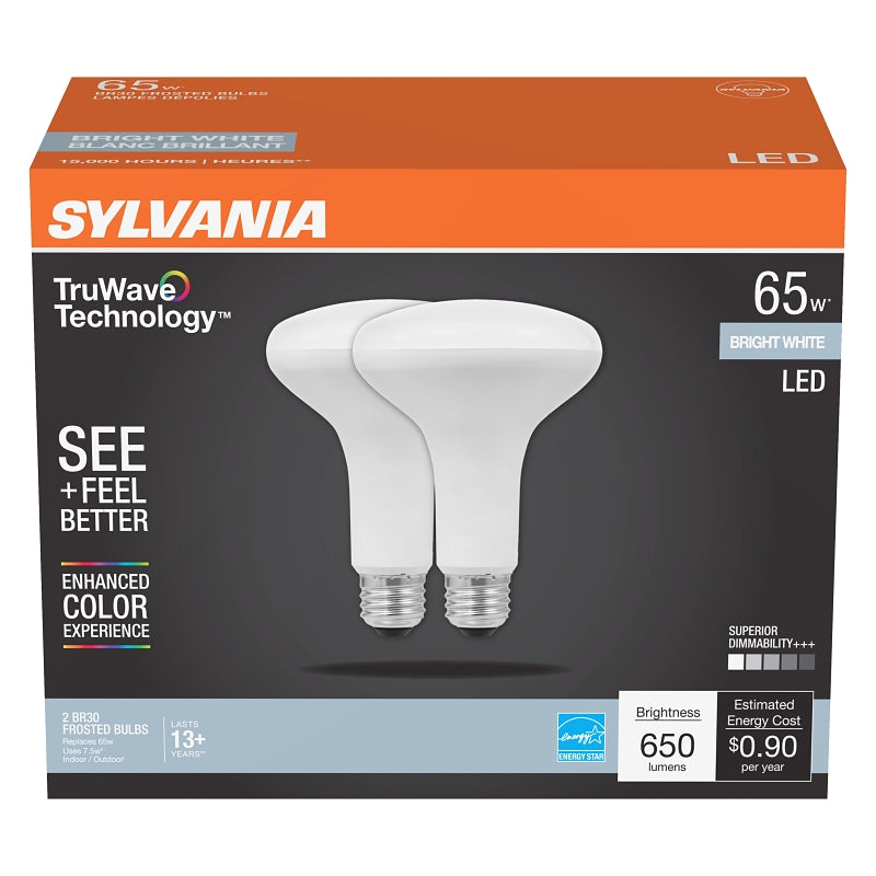 Sylvania Natural Series 41154 LED Bulb, 120 VAC, 7 W, BR30 Lamp, 65 W Equivalent, E26 Medium Lamp Base, Dimmable