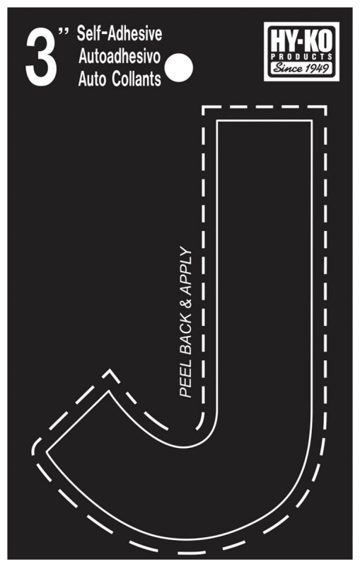 Hy-Ko 30400 Series 30420 Die-Cut Letter, Character: J, 3 in H Character, Black Character, Vinyl