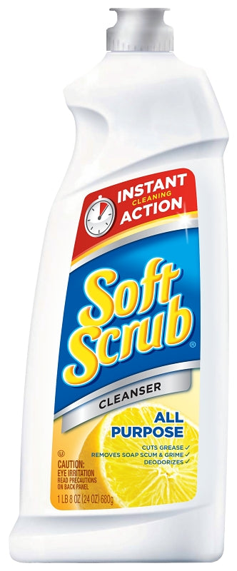Soft Scrub 00865 Kitchen and Bathroom Cleaner, 24 oz Bottle, Liquid, Lemon, White