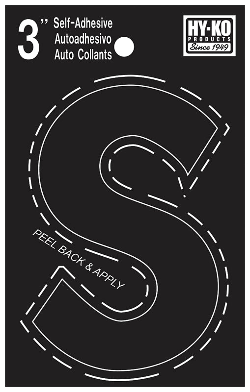Hy-Ko 30400 Series 30429 Die-Cut Letter, Character: S, 3 in H Character, Black Character, Vinyl