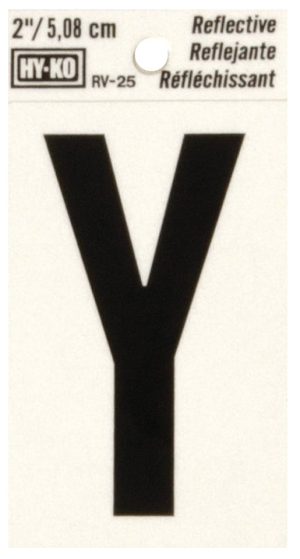 Hy-Ko RV-25/Y Reflective Letter, 1-1/2 in W x 3 in H Dimensions, Character: Y, 2 in H Character, Black Character, Vinyl