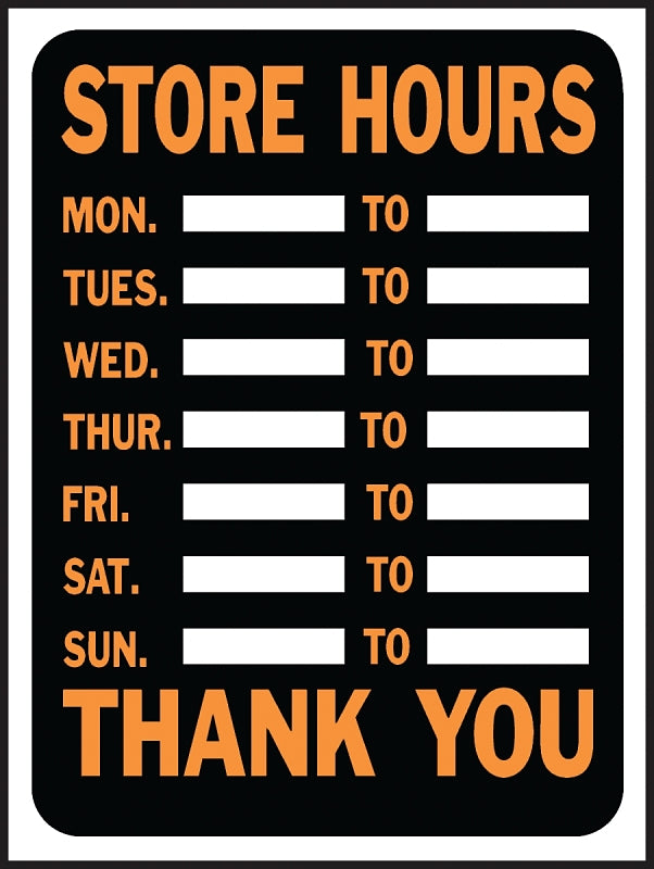Hy-Ko Hy-Glo Series 3030 Identification Sign, Rectangular, STORE HOURS, Fluorescent Orange Legend, Black Background